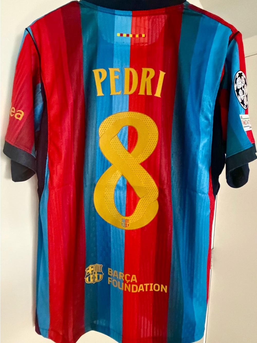 Red and Blue Pedri #8 Soccer Jersey